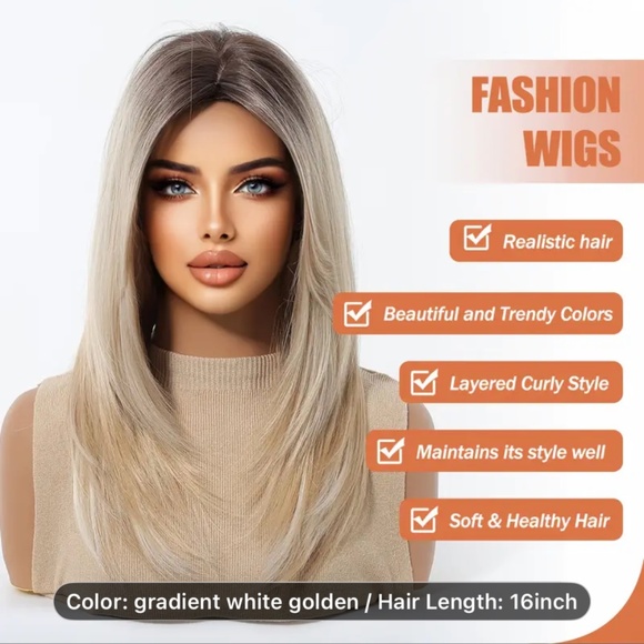 16” Elegant Gradient White-Golden with graying roots layered Synthetic Wig, - Picture 4 of 6